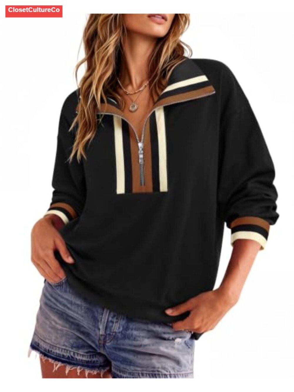 Women Half Zip Pullover Sweatshirt Striped Mock Neck Cotton Blend Long Sleeve